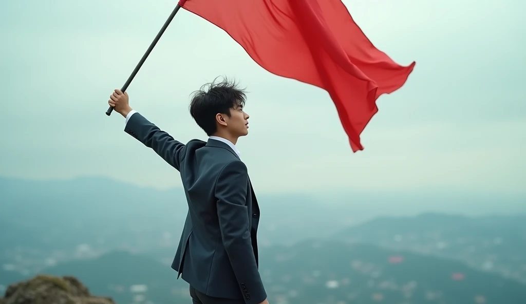 A male Japanese college student with mashed hair wearing a suit is holding a red flag and looking into the distance,Excited, Photo of your face, Standing at the top of a mountain of people who have lost in a competitive society, with a natural look, With a slightly tired look, tilt your face a little, Diagonal orientation, Average face