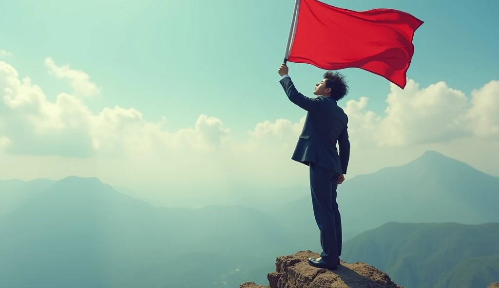 A male Japanese college student with mashed hair wearing a suit is holding a red flag and looking into the distance,Excited, Photo of your face, Standing at the top of a mountain of people who have lost in a competitive society, with a natural look, With a slightly tired look, tilt your face a little, Diagonal orientation, Average face
