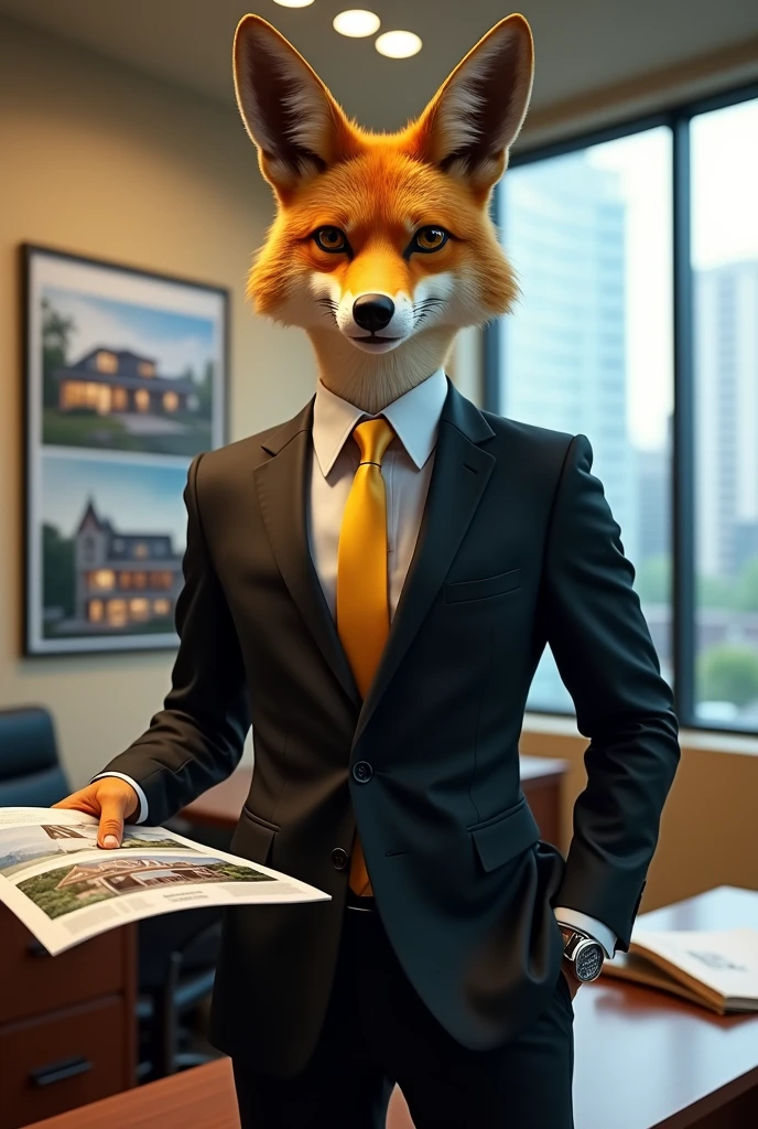 Mexican coyote in a black suit and gold tie selling houses