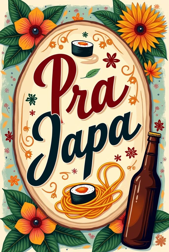 Logo cover for restaurant with Japanese characteristics, Italian pasta dough, Brazilian family, with the name of the restaurant written "PraJapa", Indian spices and bottle of beer 