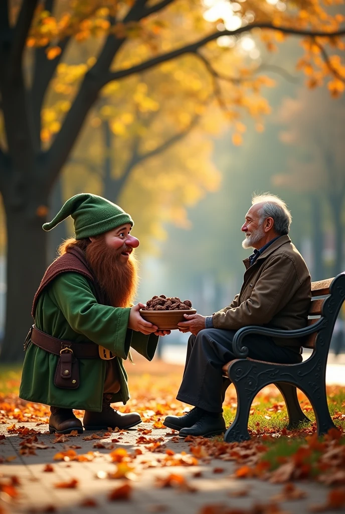 Picture of a dwarf giving choco krispie to a homeless man 
