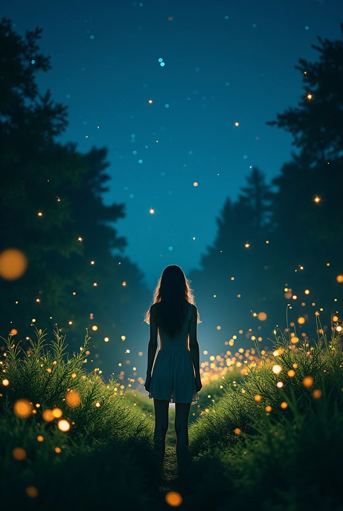 (8k, Highest quality, masterpiece: 1.2), (Realistic, photoRealistic: 1.37), Super Detail, one person&#39;s, Wide viewing angles, Firefly Garden, There are lots of little faint lights and fireflies flying around, night