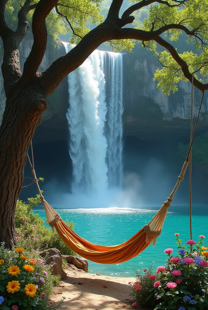 Waterfall crystal clear water tree with hammock colorful flowers