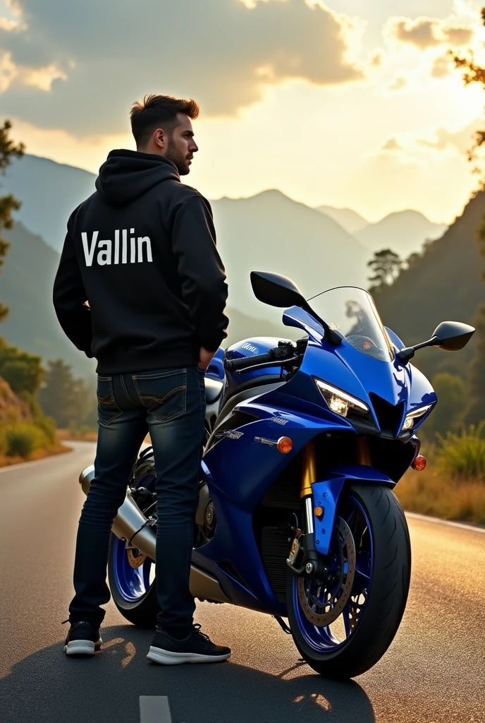 Someone focused on a Yamaha r1 that on the back of his sweatshirt says vallin