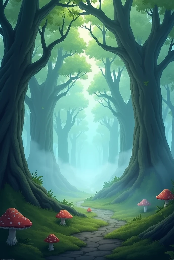 In cinematic 2d cartoon style "The forest suddenly enveloped in thick, unnatural fog, obscuring everything."