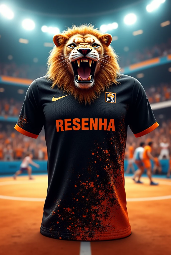 Black and orange Resenha shirt, with team name on chest,  with realistic lion print biting a volleyball 