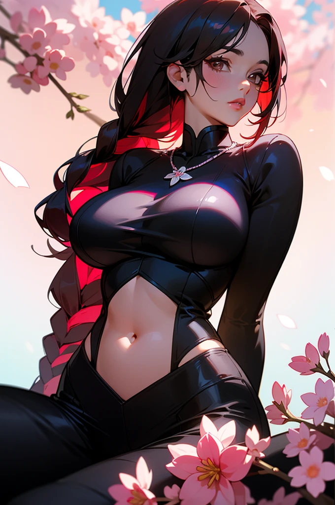 ((best quality))), ((ultra-detailed)), ((an extremely delicate and beautiful)), ((16k)), realistic, hd, cgi, gleaming hair, gleaming skin, Character focus, solo, sharp focus, illustration, game cg, anime, solo, curvy, (big breasts:1.2), white black pink sexy outfit, (belly:0.9), looking at the viewer, accessories, backlighting, shiny skin, shiny body, sakura pink flowers necklace, sakura pink flowers jewellery, long dark black hair, dark brown eyes, long hair red faded into black coloured hair, long hair, red ombre hair, red-black hair, more red hair streaks, soft lighting highlight character's face, soft lighting, deep rosy pink lips, smokey red eyeshadow, long braid, soft lighting highlight character's face, long side braid on the shoulder to waist, a background of sakura pink flowers, feet