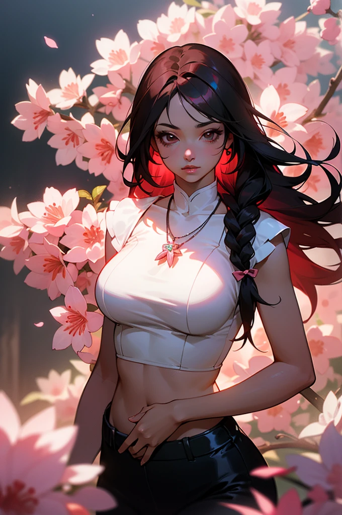 ((best quality))), ((ultra-detailed)), ((an extremely delicate and beautiful)), ((16k)), realistic, hd, cgi, gleaming hair, gleaming skin, Character focus, solo, sharp focus, illustration, game cg, anime, solo, curvy, (big breasts:1.2), white black pink sexy outfit, (belly:0.9), looking at the viewer, accessories, backlighting, shiny skin, shiny body, sakura pink flowers necklace, sakura pink flowers jewellery, long dark black hair, dark brown eyes, long hair red faded into black coloured hair, long hair, red ombre hair, red-black hair, more red hair streaks, soft lighting highlight character's face, soft lighting, deep rosy pink lips, smokey red eyeshadow, long braid, soft lighting highlight character's face, long side braid on the shoulder to waist, a background of sakura pink flowers, feet