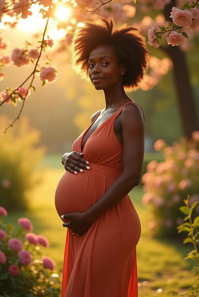 Pregnant black woman with big breasts, lower cut dress and much larger breasts