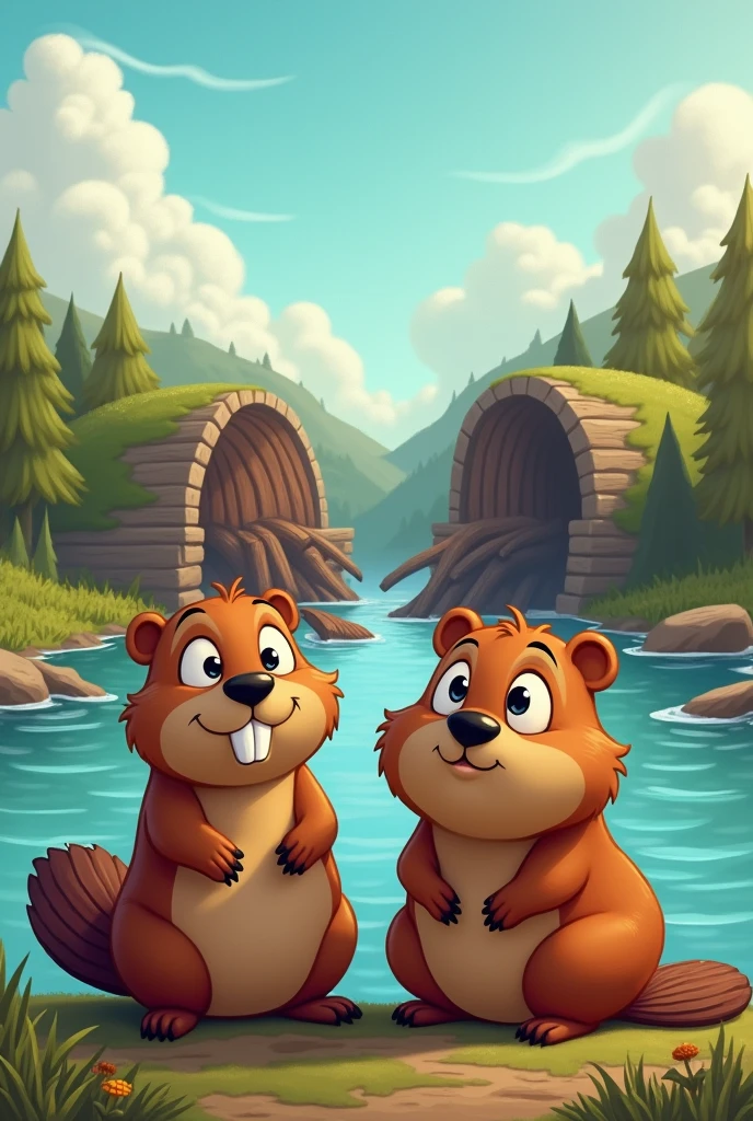 Make me a pair of beavers watching their house split in half in the distance, sad about the state of the house ,with cartoon drawing