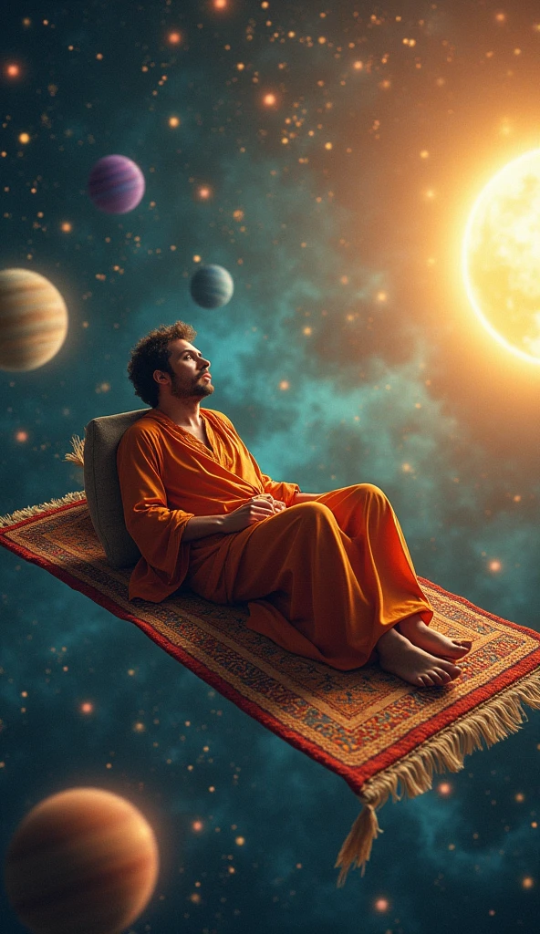 A man lying on a flying carpet in space with planets and the sun in the background