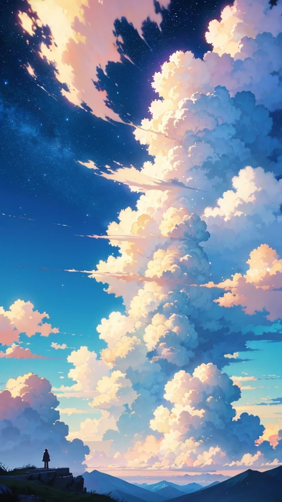 anime scenery wallpapers for iphone, a detailed painting by Makoto Shinkai,tree on a mountain , mountain in the background, pixiv, fantastic realism, anime clouds, beautifull puffy clouds. anime, anime sky, anime background, fantasy puffy sky, studio ghibli sky, detailed clouds, cosmic skies. by makoto shinkai, fluffy clouds, hyper realistic clouds, anime atmospheric, anime background art, tall fluffy clouds