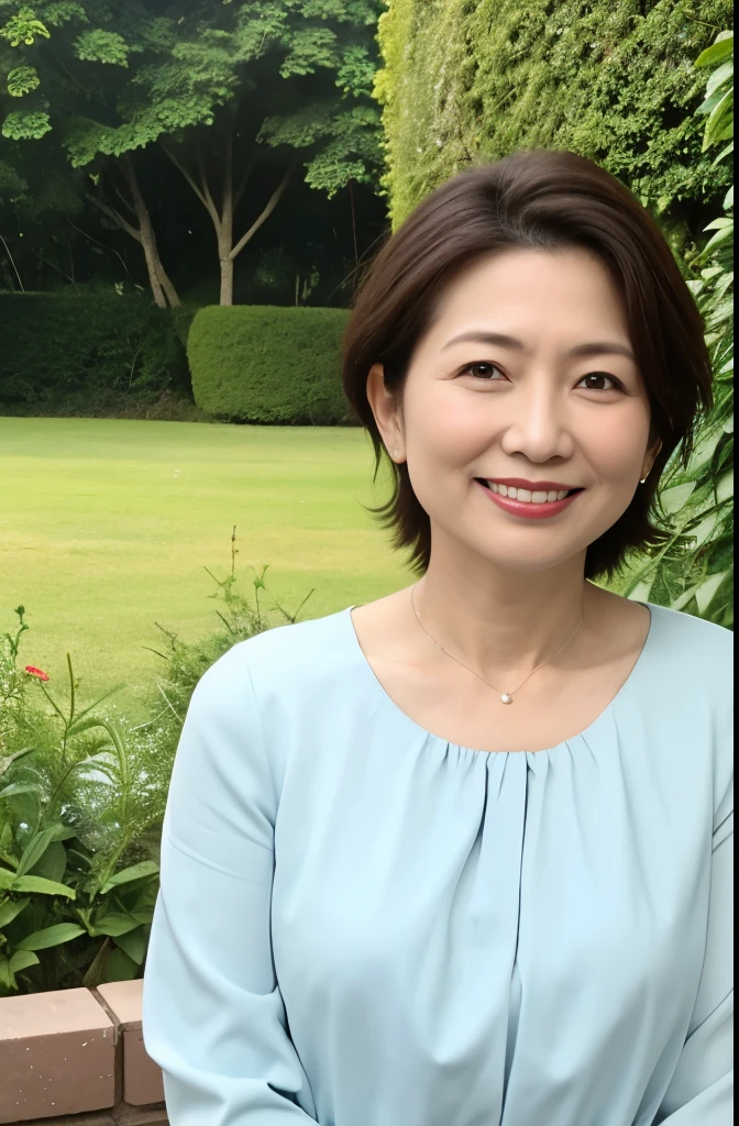 Standing in the park, Wrinkles around the eyes, Smiling with teeth showing, Blue blouse, senior citizen, Draw lips correctly, Red lipstick, No discomfort, 16K, Highest quality, Very detailed, Realistic, Very detailed肌, (Japanese), (alone), 45 years old, Large Breasts, , Glamour, sexy, Chromo White Skin, Staring straight ahead,
