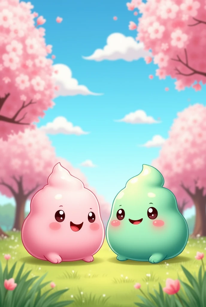 Cartoon image with two pink and green mochi
