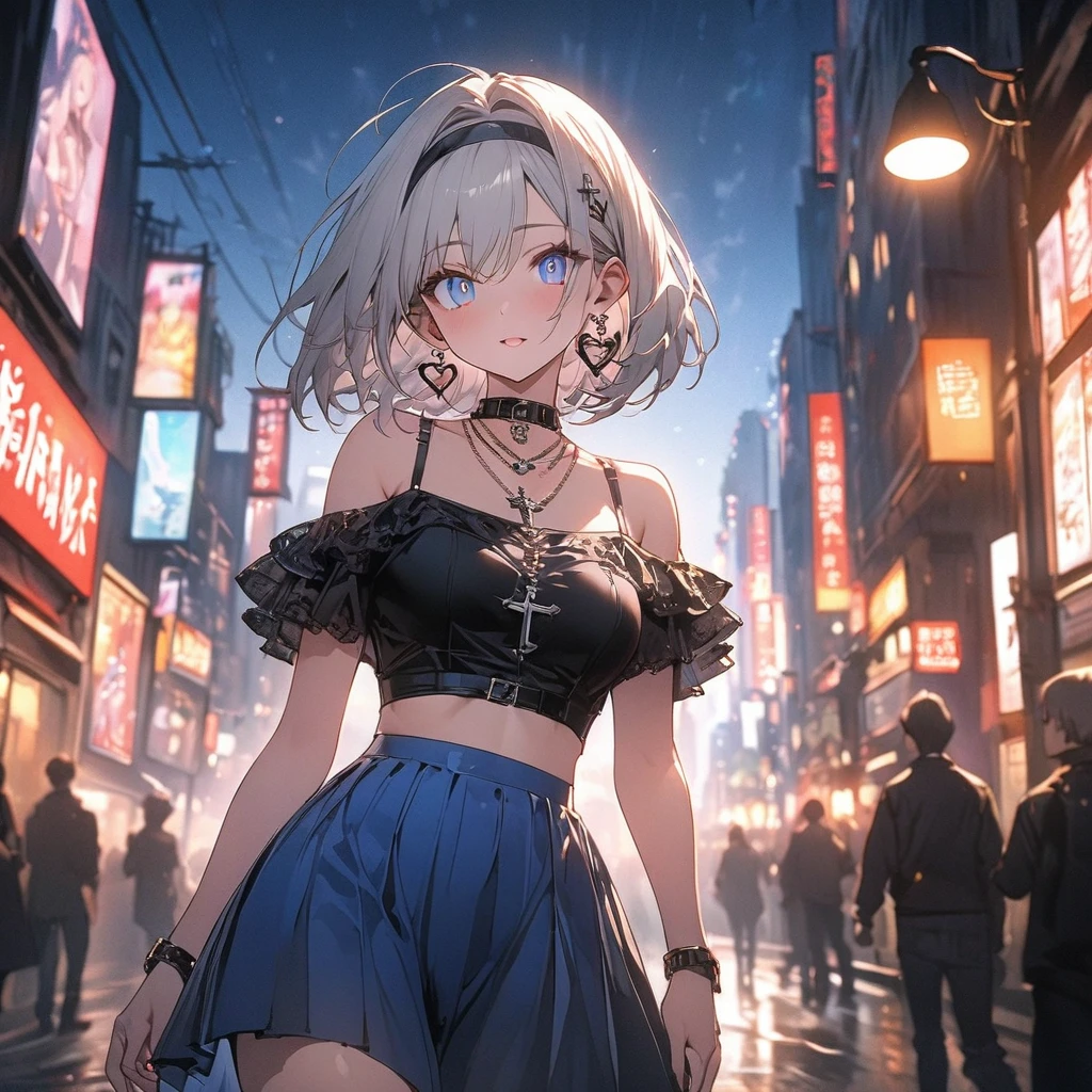(((anime))) One woman,Gal,Gray Hair,Short Bob,hair band,Heart mark earrings,necklace,(cross),Collar with spikes Cool,Look this way,blue eyes,Big pupils White drop shoulder,I can see your shoulders,Short clothes,I can see my belly button,Blue Skirt,Black Stockings Night,City of night,signboard,Street lamp light,Backlight,dazzling,A slightly blurry masterpiece,Highest quality,Exquisite,8k,Absurd,Ultra-fine illustrations,(View your viewers)