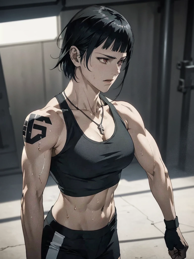 (best quality,ultra-detailed,realistic:1.37),1 girl, musclaur badass girl with sculpted body with preview her musclaur body and six-pack, full review of the female character's face and body, strong and confident posture, studio lighting, vivid colors, physiologically-based rendering, grungy texture, rugged background, dust particles in the air, commanding presence, professional, powerful, gritty aesthetics,,Valmet،short hair,necklace,Light reflection on shoulders,Sweat in muscles،،wearing military underwear and midriff tank top, tattoos on shoulders, wearing a boxing gloves