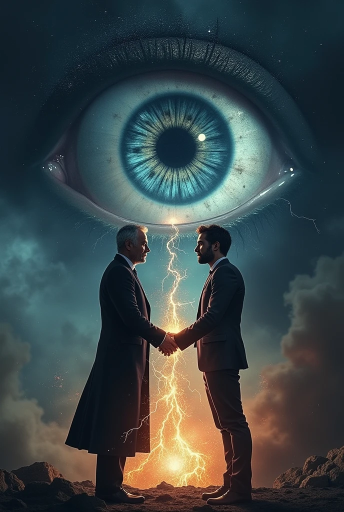 Make Charl xavier and wolwerine raise and hold hands while making energy coming out of their hands and looking at the dark sky with a cosmic dark eye, around the eyes there is black smoke
