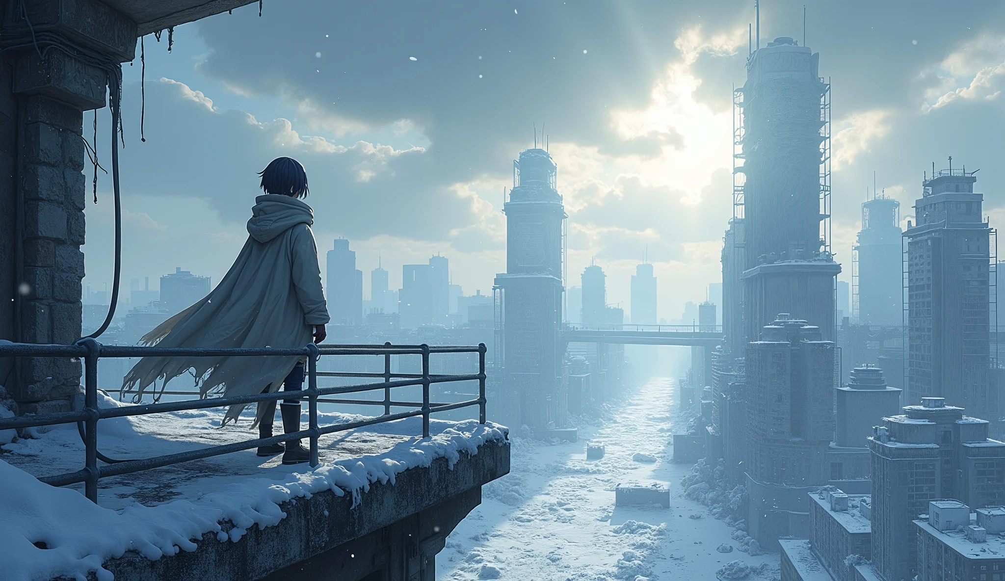 ((City covered in snow,Huge ice and snow,A world covered in snow))，Standing on the balcony，Snowy sky，Ruined city，Sunlight shining through dark clouds，Anime style