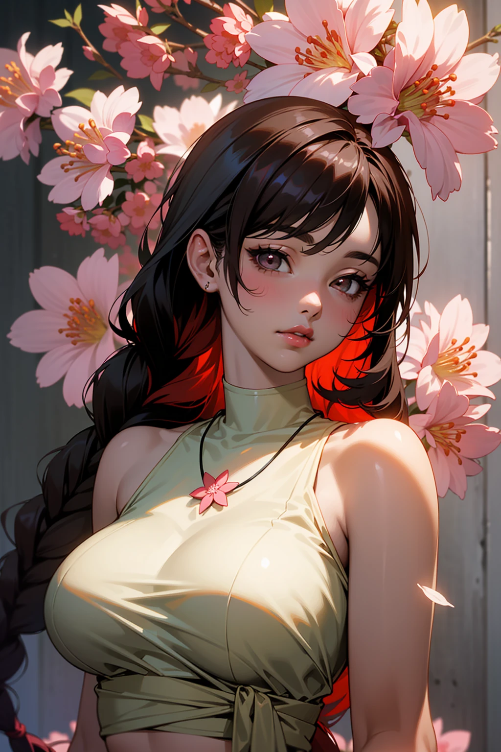 ((best quality))), ((ultra-detailed)), ((an extremely delicate and beautiful)), ((16k)), realistic, hd, cgi, gleaming hair, gleaming skin, Character focus, solo, sharp focus, illustration, game cg, anime, solo, curvy, (big breasts:1.2), white black pink sexy outfit, (belly:0.9), looking at the viewer, accessories, backlighting, shiny skin, shiny body, sakura pink flowers necklace, sakura pink flowers jewellery, long dark black hair, dark brown eyes, long hair red faded into black coloured hair, long hair, red ombre hair, red-black hair, more red hair streaks, soft lighting highlight character's face, soft lighting, deep rosy pink lips, smokey red eyeshadow, long braid, soft lighting highlight character's face, long side braid on the shoulder to waist, a background of sakura pink flowers