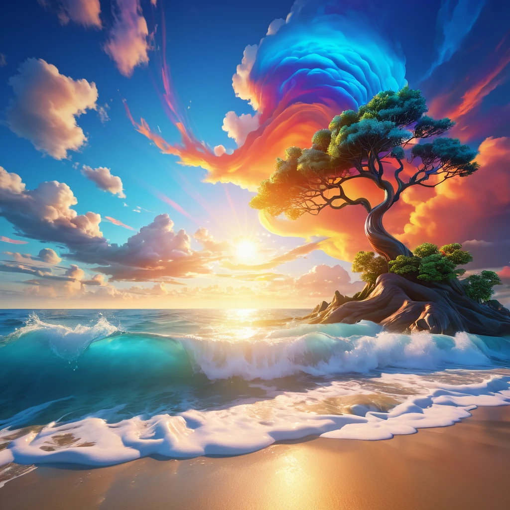 Colorful, sun rise, sea, stylized rendering, non-photo-realistic rendering, paint, volumetric cloud, small and natural wave with bubble, dream, Do not include tree and beach. colorful, colorful sky with a bright orange and blue nebula, twisted clouds, magic, (best quality,4k,8k,highres,masterpiece:1.2), ultra-detailed, studio lighting, ultra-fine painting, sharp focus, physically-based rendering, extreme detail description, professional, vivid colors, fantasy, Anime style, ImgFixerPre0.3