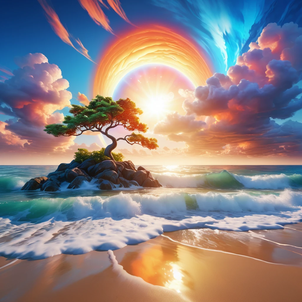 Colorful, sun rise, sea, stylized rendering, non-photo-realistic rendering, paint, volumetric cloud, small and natural wave with bubble, dream, Do not include tree and beach. colorful, colorful sky with a bright orange and blue nebula, twisted clouds, magic, (best quality,4k,8k,highres,masterpiece:1.2), ultra-detailed, studio lighting, ultra-fine painting, sharp focus, physically-based rendering, extreme detail description, professional, vivid colors, fantasy, Anime style, ImgFixerPre0.3