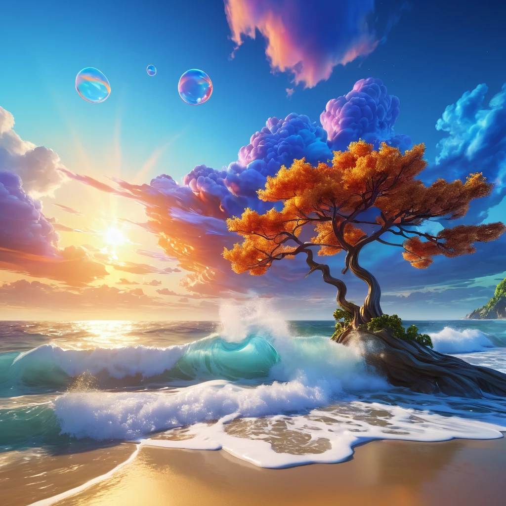Colorful, sun rise, sea, stylized rendering, non-photo-realistic rendering, paint, volumetric cloud, small and natural wave with bubble, dream, Do not include tree and beach. colorful, colorful sky with a bright orange and blue nebula, twisted clouds, magic, (best quality,4k,8k,highres,masterpiece:1.2), ultra-detailed, studio lighting, ultra-fine painting, sharp focus, physically-based rendering, extreme detail description, professional, vivid colors, fantasy, Anime style, ImgFixerPre0.3