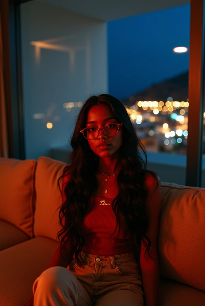 black girl, 19 ans, long black hair, red glasses, sitting in a large luxury modern living room, tan furniture, dark lighting, night, panoramic view of italy out of the window, wearing pacsun