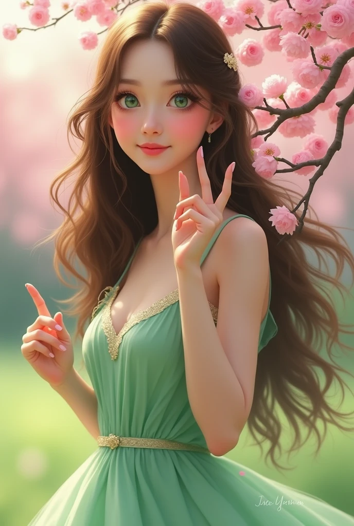 Wavy long hair, Brown Hair, One person, Emerald Eyes, Shake with two fingers, Pink Lips, Pastel Green Dress,