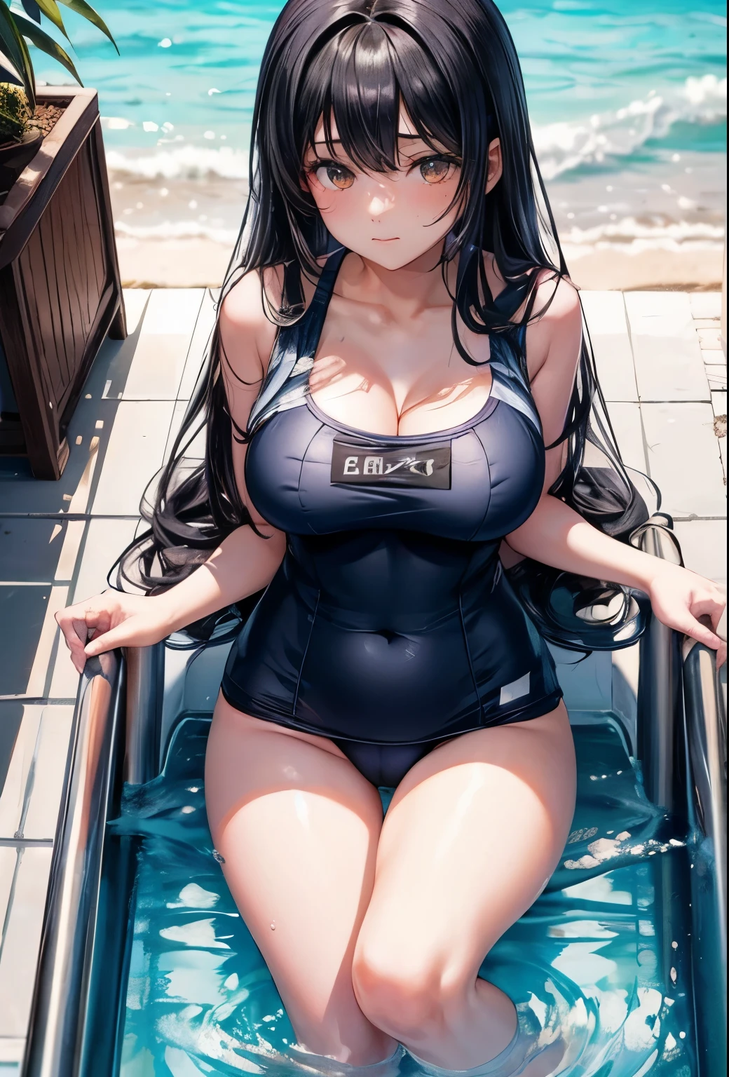 Black Hair　Navy blue school swimsuit　Big Breasts　Midsummer Pool