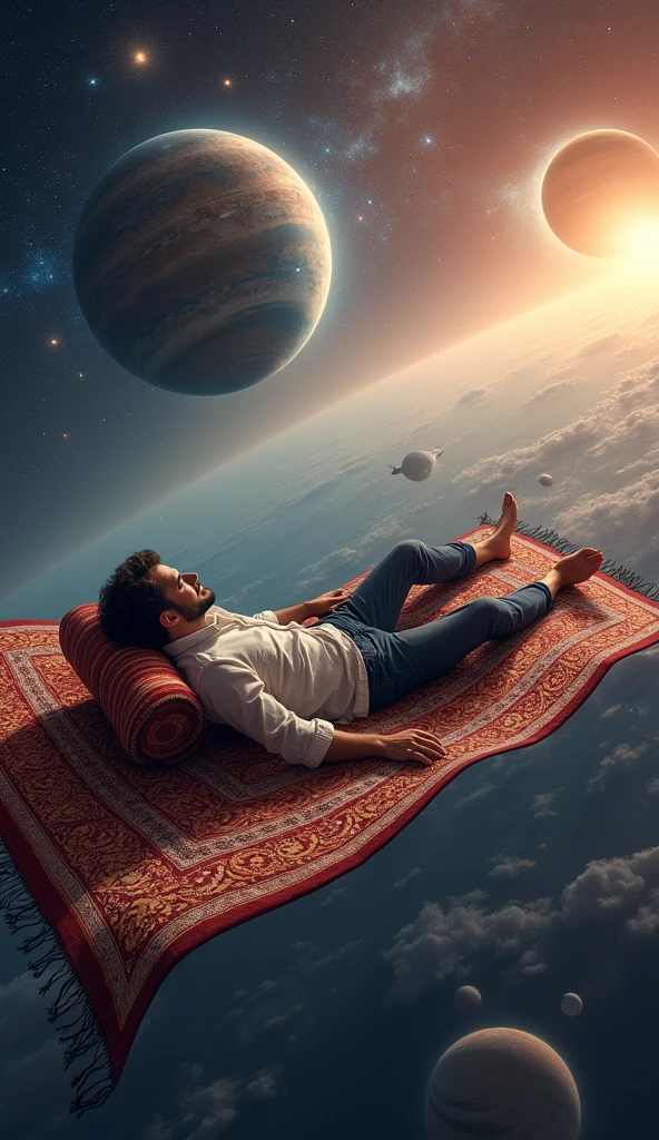 A man lying on a flying carpet in space with planets and the sun in the background