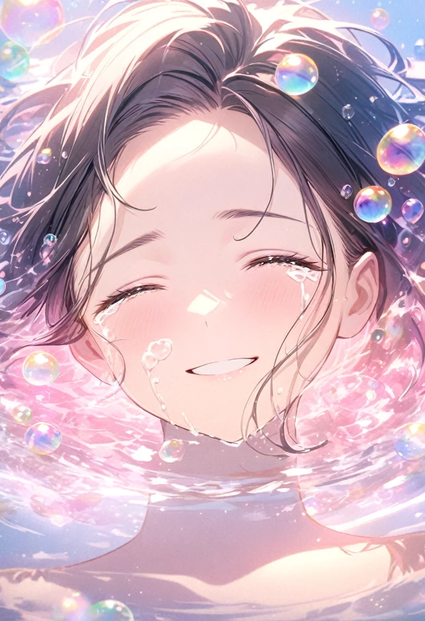 A person lying in the water，With smooth abstraction，Reflection and mirror styles，Transparent light pink，Shimizu，White soap bubbles，Bokeh photos，，Head close-up,Happy smiling crying face