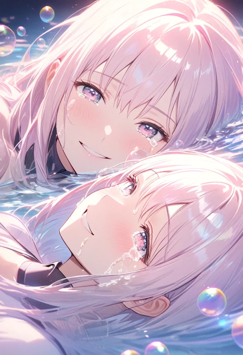 A person lying in the water，With smooth abstraction，Reflection and mirror styles，Transparent light pink，Shimizu，White soap bubbles，Bokeh photos，，Head close-up,Happy smiling crying face