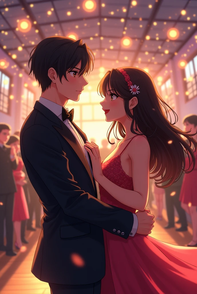 An anime man with black hair and dark maroon Eyes and he is wearing a prom suit and he is dancing with an anime woman with long middle brunette hair and dark brown eyes  and she is wearing a fancy dress for prom and they are at the highschool prom