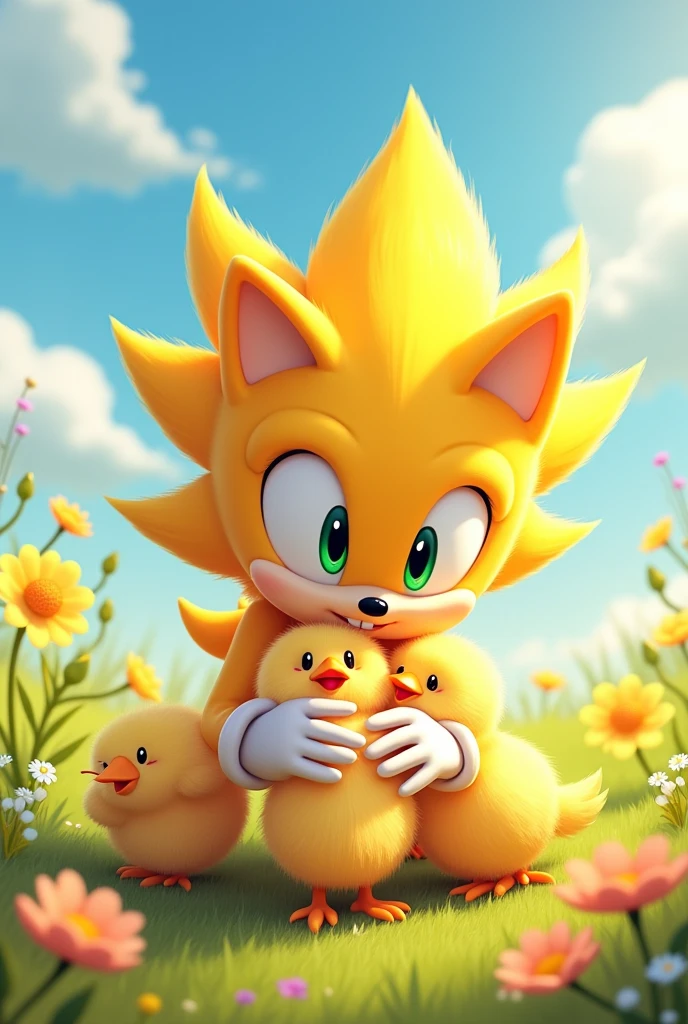 Yellow Sonic and chicks hugging 