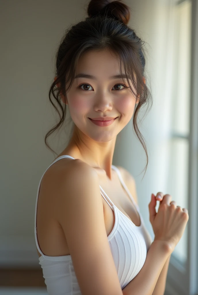 Highest quality, Face Focus, Soft Light, Ultra-high resolution, (Realistic:1.4), RAW Photos,
1 Japan, alone, cute, (pupil, Light in your eyes),  Beautiful face in every detail, (Small box),(High resolution detail of human skin texture),
(Bun Hair),
indoor,
Sportswear,
Sexy、tits、Arm Exposure
(Portraiture)