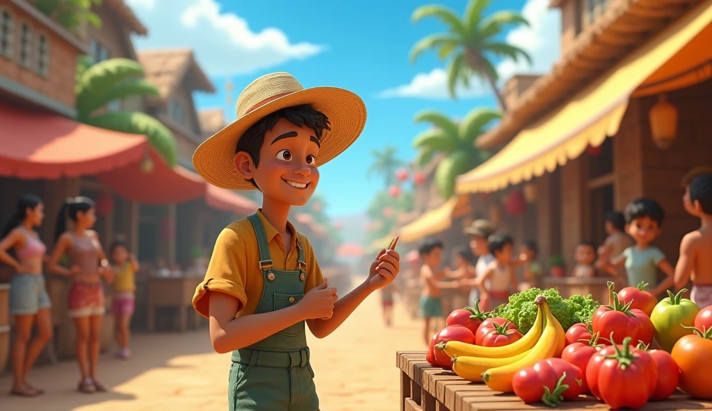In 3d animation style:A bustling village market**, where Ramū sells his crops at fair prices, interacting warmly with customers.