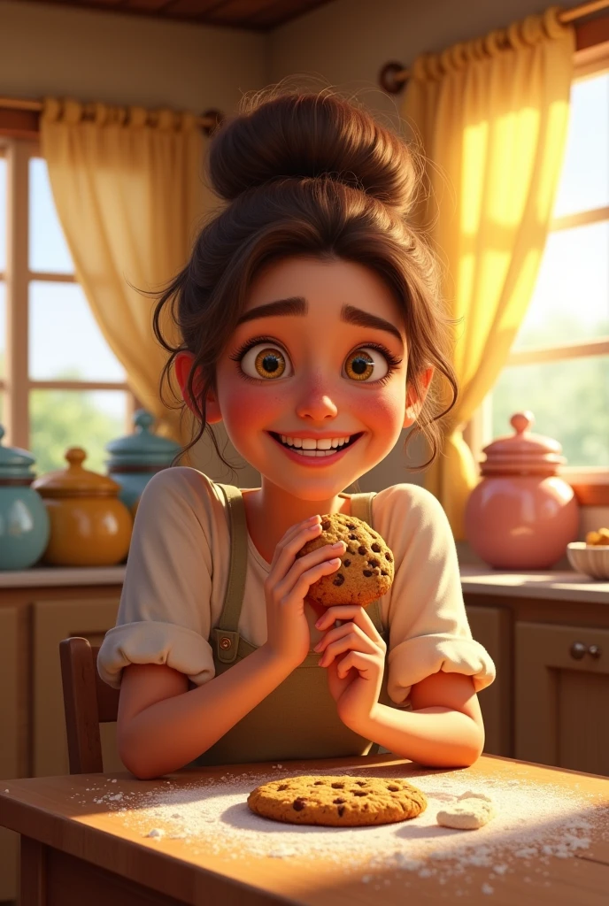 Sitting at the table eating a cookie, with her hair in a messy, voluminous bun, make a 25-year-old woman, with white skin, brown hair, yellow eyes and expressive, Pixar Disney style 