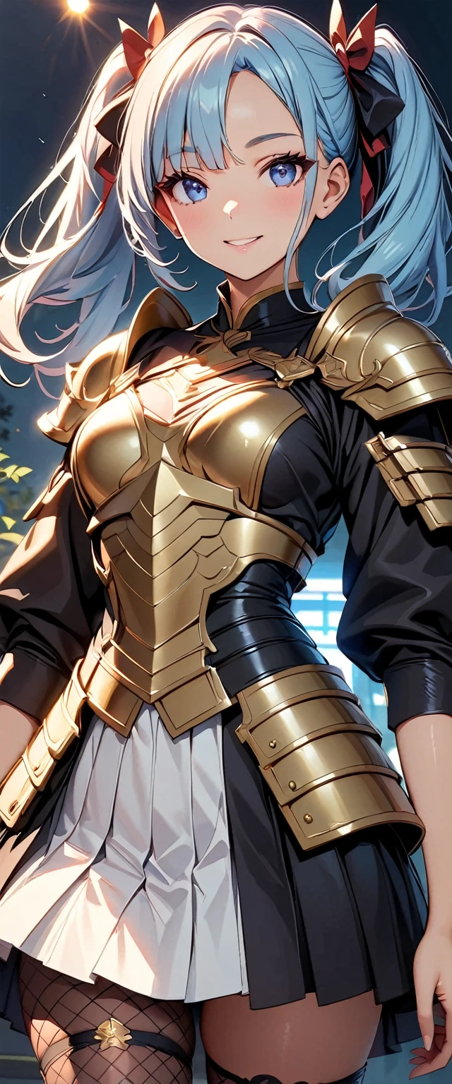 (Highest quality:1.2, Attention to detail, masterpiece:1.2, Best aesthetics), (1 person), Cowboy Shot, ((Fishnet tights:1.2, armor, 白色armor, white japanese armor:1.1, white shoulder armor, Japanese sword)), (Light blue hair, Twin tails, Asymmetrical bangs, Bright Blue Eyes), 美しいAttention to detail目, Beautiful lip detail, Highly detailed face, Detailed Fashion, elegant, luxury, High quality fabric, Shine, Shine, smile, Random Pause, Dutch Angle, wilderness, night, Dramatic lighting, Cinematic, Bright colors, Intricate details, Chiaroscuro lighting.