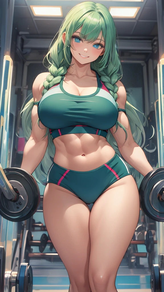 A beautiful green hair woman with three braids and deep blue eyes, gazing condescendingly at the viewer with a cute grinning expression, extremely detailed and realistic, masterpiece quality, ultra-detailed, HDR, studio lighting, vivid colors, physically-based rendering, thick muscular thighs,Cute gym clothes, large breast