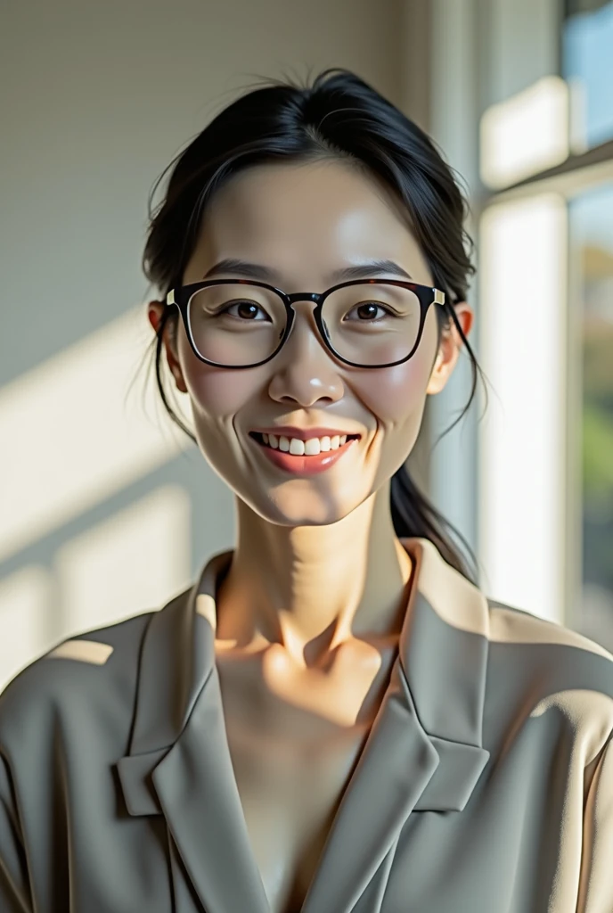 A middle-aged, pale-skinned, naked Japanese woman wearing glasses。Smiling and facing forward。He has black hair combed back。