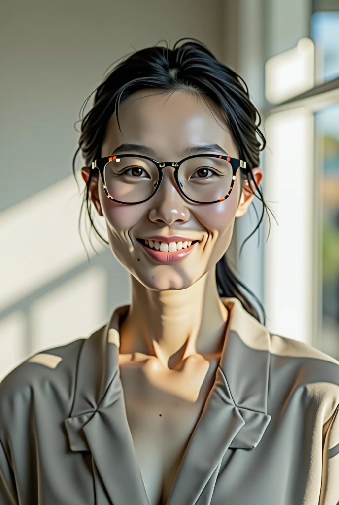 A middle-aged, pale-skinned, naked Japanese woman wearing glasses。Smiling and facing forward。He has black hair combed back。