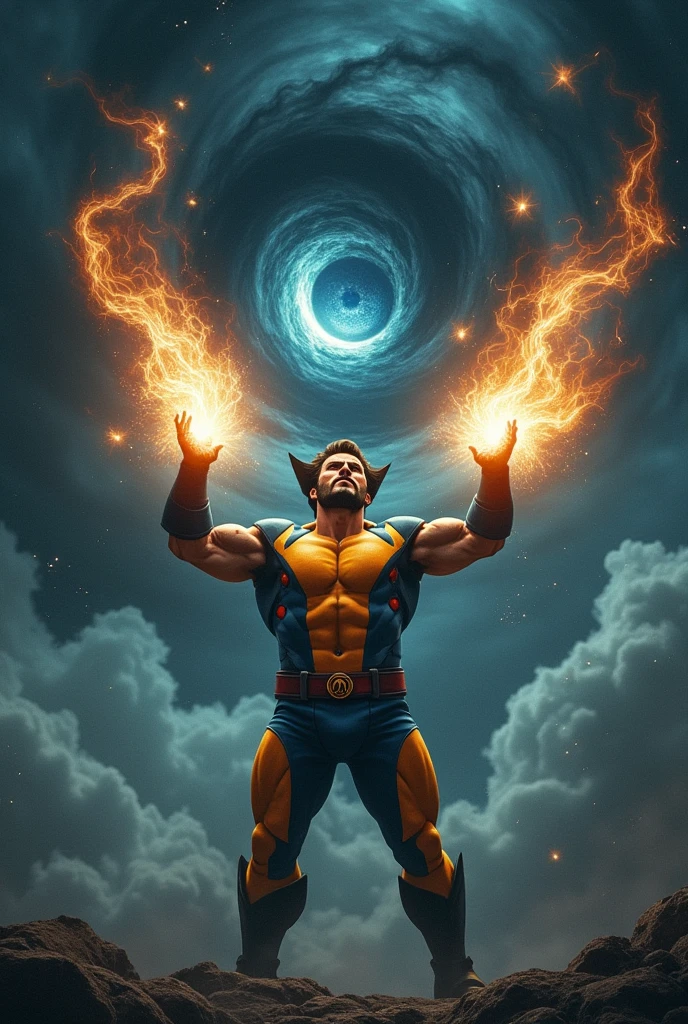 Make Wolverine raise his hands while making energy coming out of his hands and looking at the dark sky with a cosmic dark eye, around the eyes there is black smoke 