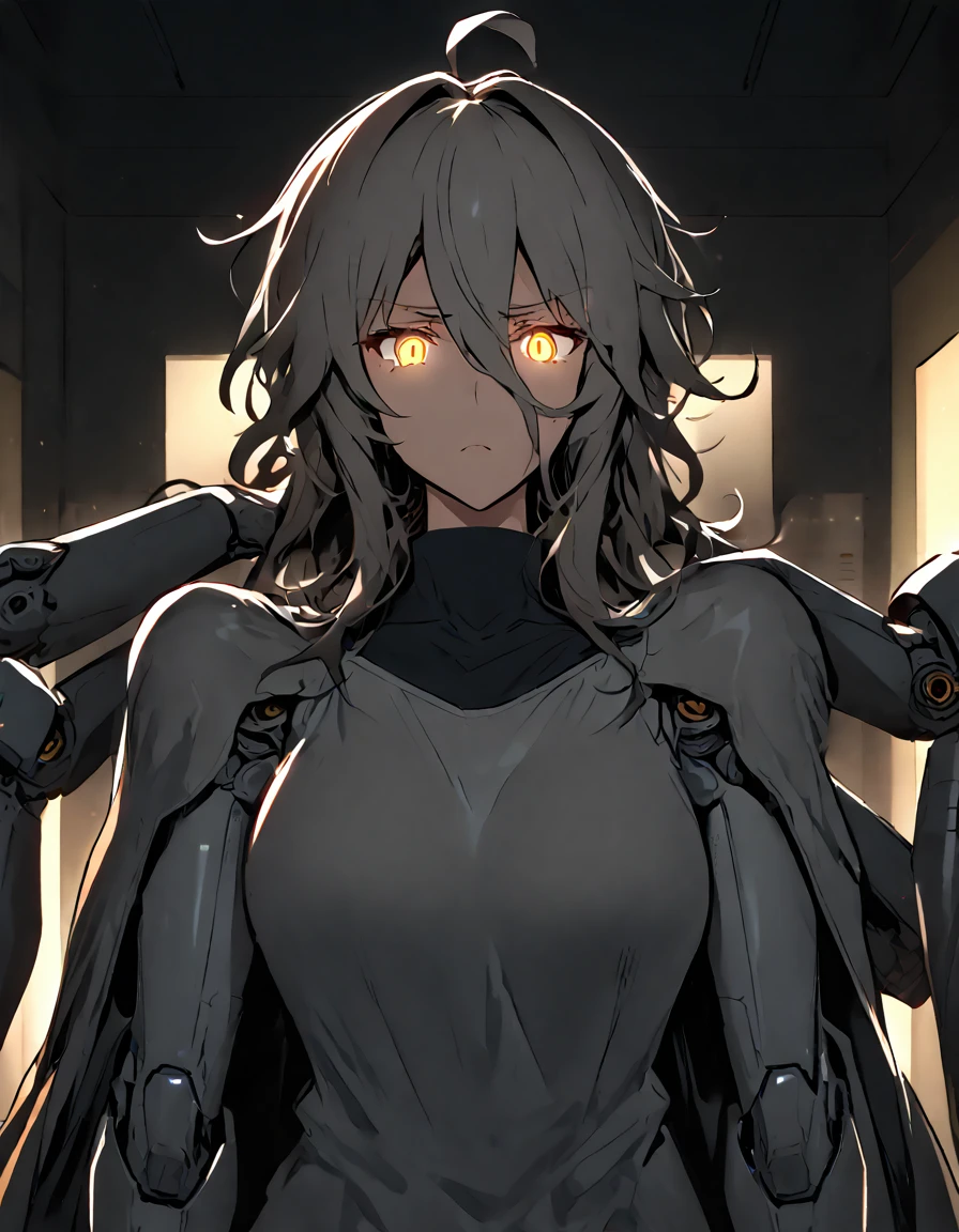 mature, Golden eye, looking at viewer, female, office room background, messy hair, grey shoulder-length hair, ponytail, parted lips, hair between eyes, ahoge, background in low light, dark, night, emotionless, grey cloak, glowing eyes, no emotion, bored, frown, turtleneck, prosthetic arms, extra arms on her back, extra two arms, robotic side of face, robot, working