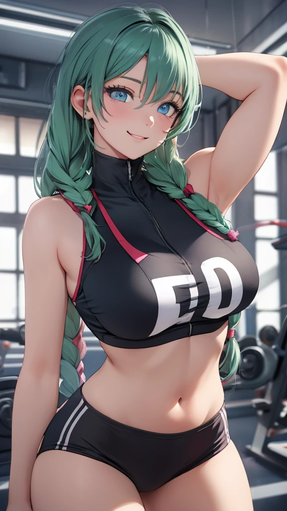 A beautiful green hair woman with three braids and deep blue eyes, gazing condescendingly at the viewer with a cute grinning expression, extremely detailed and realistic, masterpiece quality, ultra-detailed, HDR, studio lighting, vivid colors, physically-based rendering, thick muscular thighs,Cute gym clothes, large breast