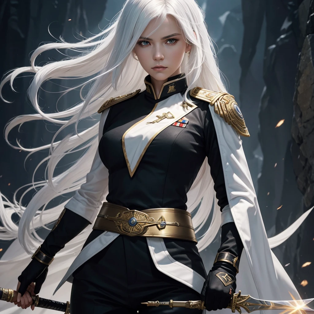 Beautiful Chiss lady, White hair, length hair,Breast size, black+rot uniform, rock, Lead the Belt, serious look, Sword, good quality, light background, golden discreet rank insignia,