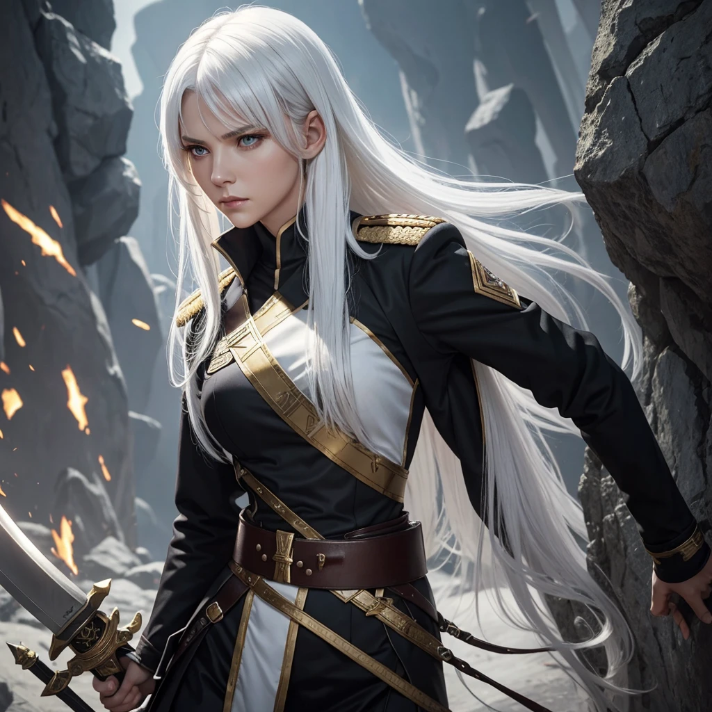 Beautiful Chiss lady, White hair, length hair,Breast size, black+rot uniform, rock, Lead the Belt, serious look, Sword, good quality, light background, golden discreet rank insignia,