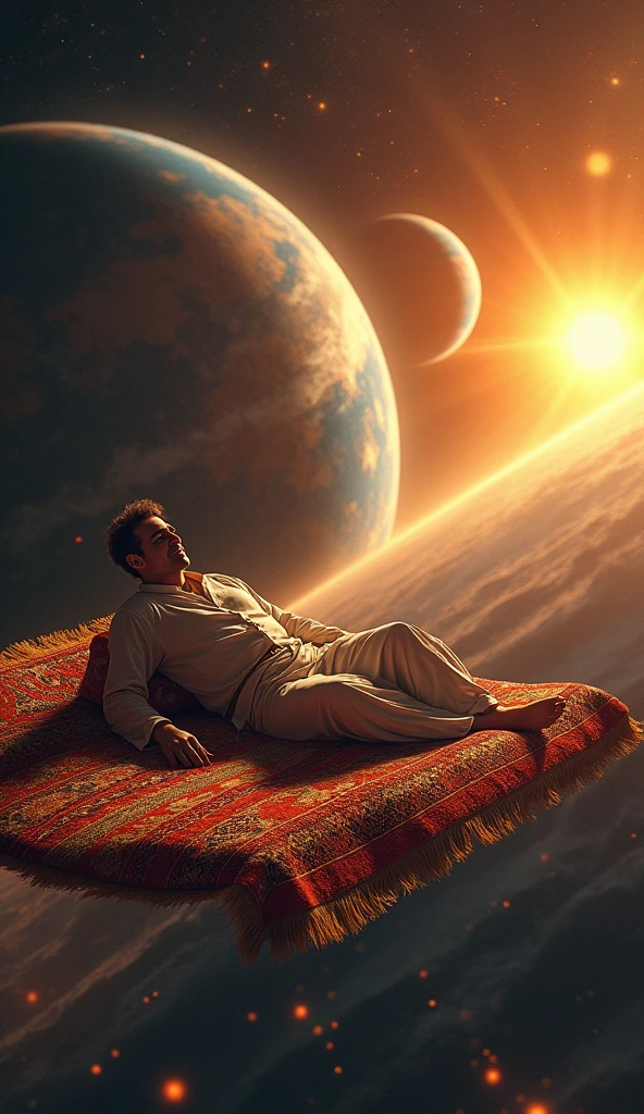 A man lying on a flying carpet in space with planets and the sun in the background