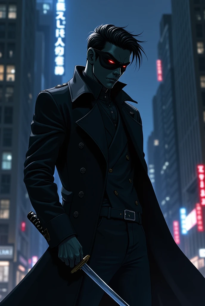 man with mask and katana in modern anime style with dark tone