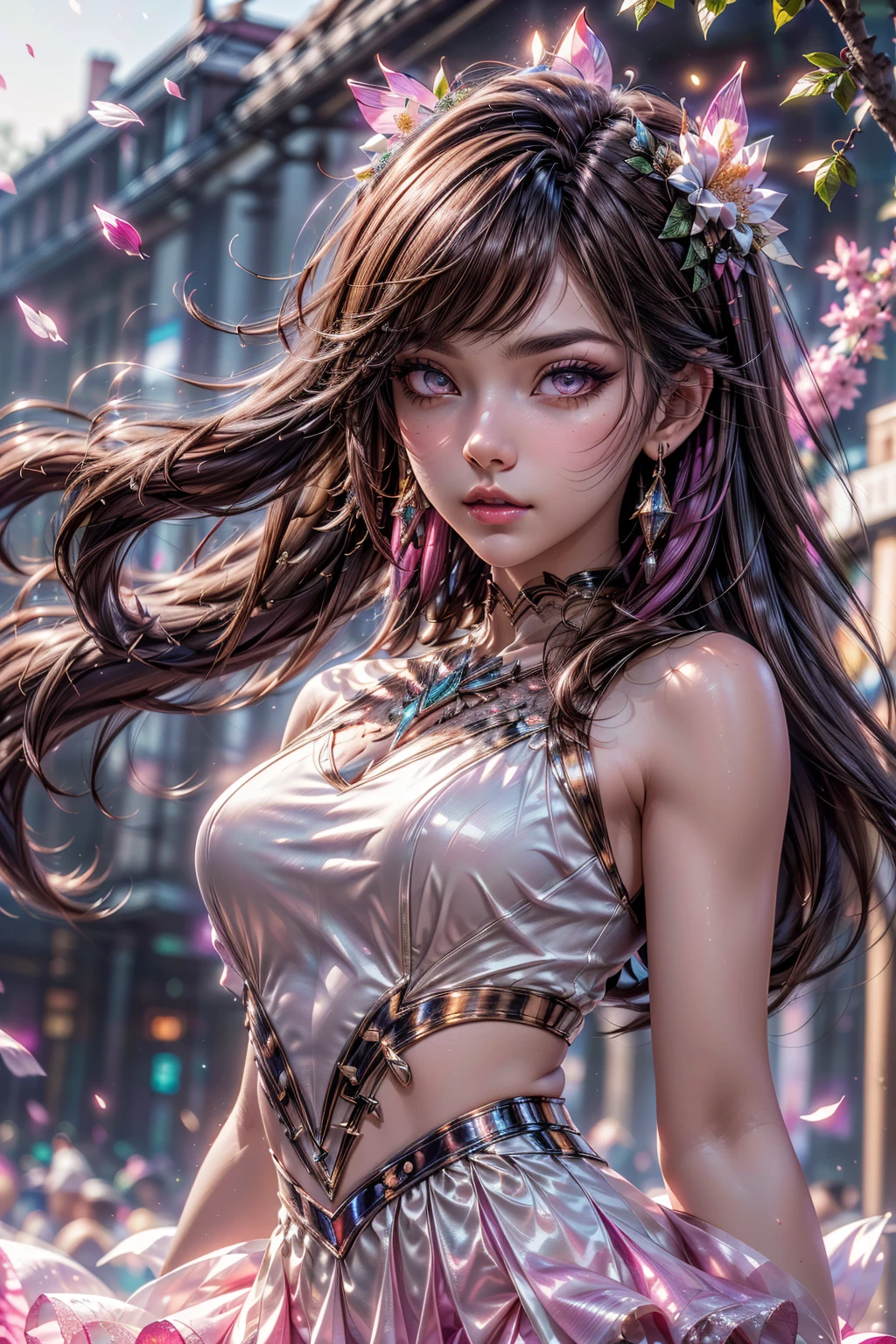 (CG unity 8k wallpaper extremely detailed) (better quality) (better lighting) (an extremely delicate and beautiful) (floating) (beautiful) (spring atmosphere) (1girl) (long pink hair), (hair headband), (detailed and beautiful blue eyes), ((very short white dress, pink lace underside), (lace), ((light transparent silk))), (cherry blossom petals), (butterflies), (dof), (volumetric light) cinematic lighting, chromatic aberration, Sony FE GM, textured skin, high details, highres, 8k, (photorealistic Realism 16K Quality), ultra-detailed, UHD, (ultra absurd quality, extremely detailed detail, hyper resolution, clear sharp focus, not blurry, Realistic brown_eyes:1.35), (perfect dark_eyeshadows),