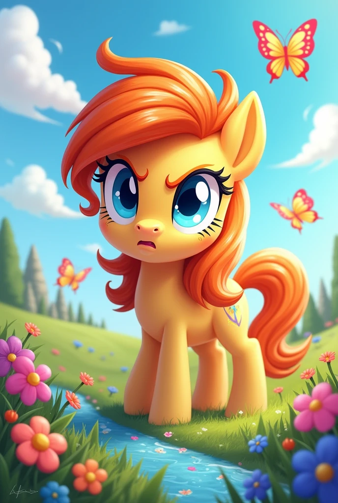 orange hair, POTRO, eyes, blue eyes, frown, somewhat angry, estilo my little pony
